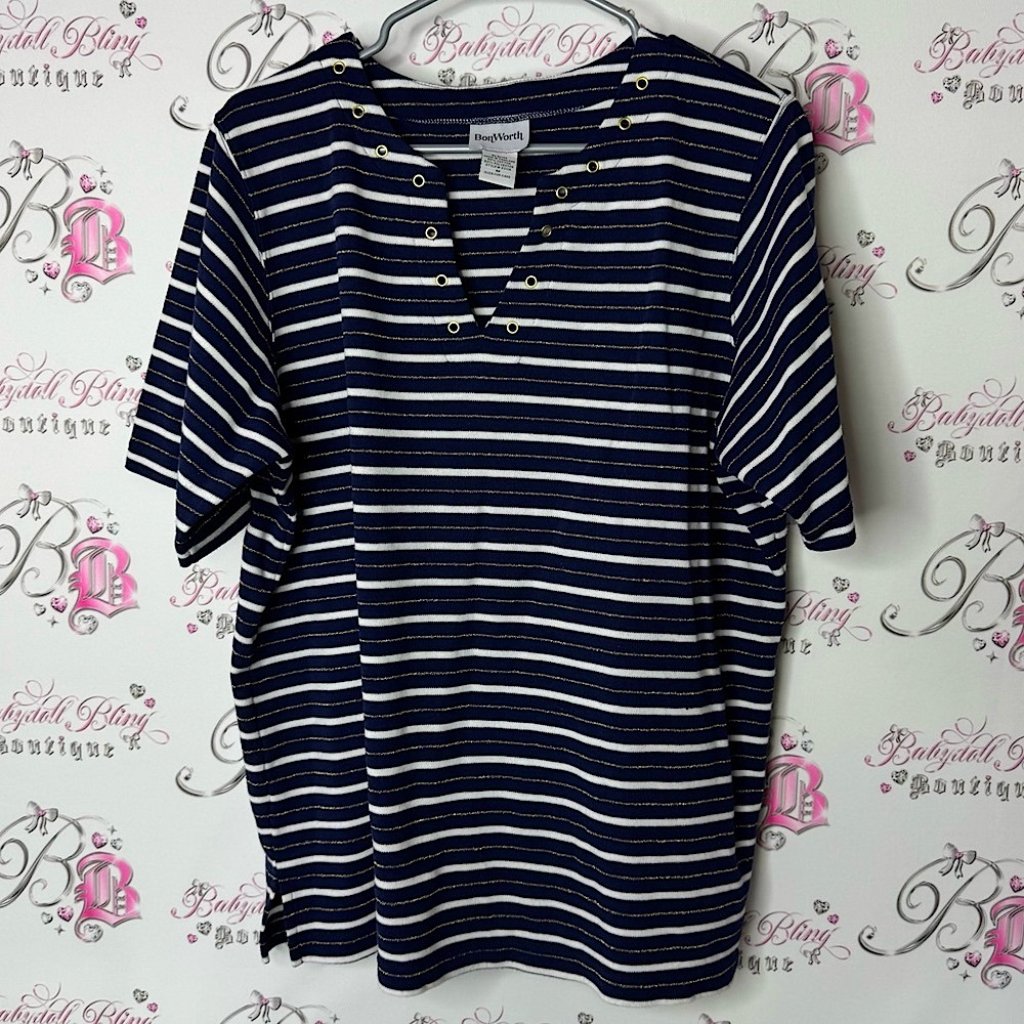 Bon Worth Tshirt Nautical Gold Sparkly Blue And White Grommet Tee Vneck